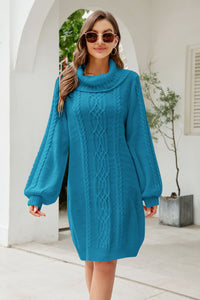 Womens Sweater Dress-Turtleneck Lantern Sleeve Sweater Dress