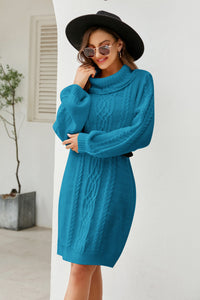 Womens Sweater Dress-Turtleneck Lantern Sleeve Sweater Dress