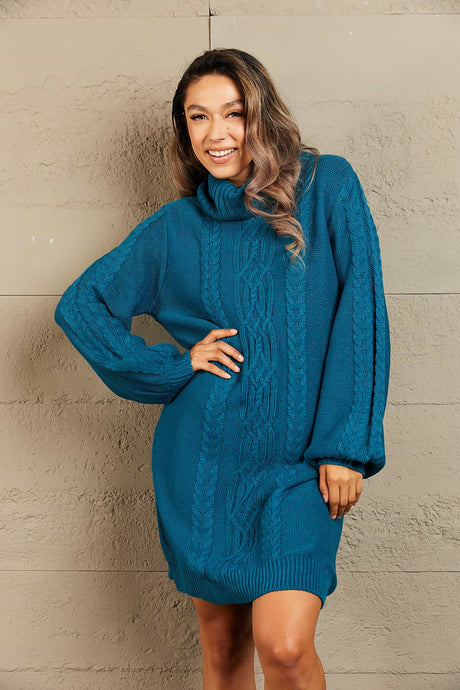 Womens Sweater Dress-Turtleneck Lantern Sleeve Sweater Dress