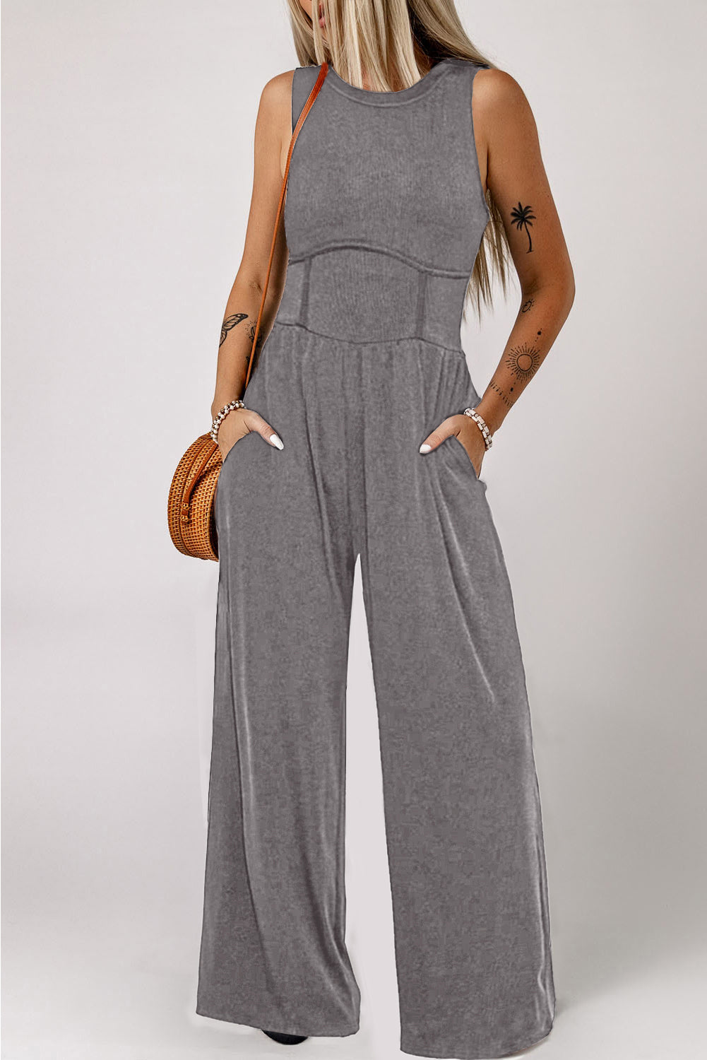 Womens Jumpsuit-Round Neck Sleeveless Jumpsuit with Pockets | jumpsuit