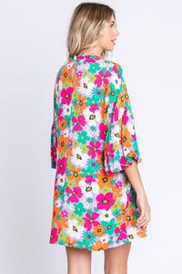 Womens Mini Dress-GeeGee Full Size Floral Round Neck Lantern Sleeve Mini Dress | dress