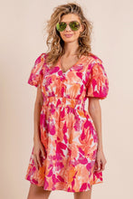 Load image into Gallery viewer, Womens Mini Dress-BiBi Floral V-Neck Puff Sleeve Mini Dress | Dress
