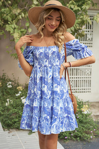 Womens Mini Dress-Smocked Printed Flounce Sleeve Mini Dress | Dress