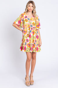 Womens Mini Dress-GeeGee Full Size Floral V-Neck Ruffle Trim Mini Dress | Dress