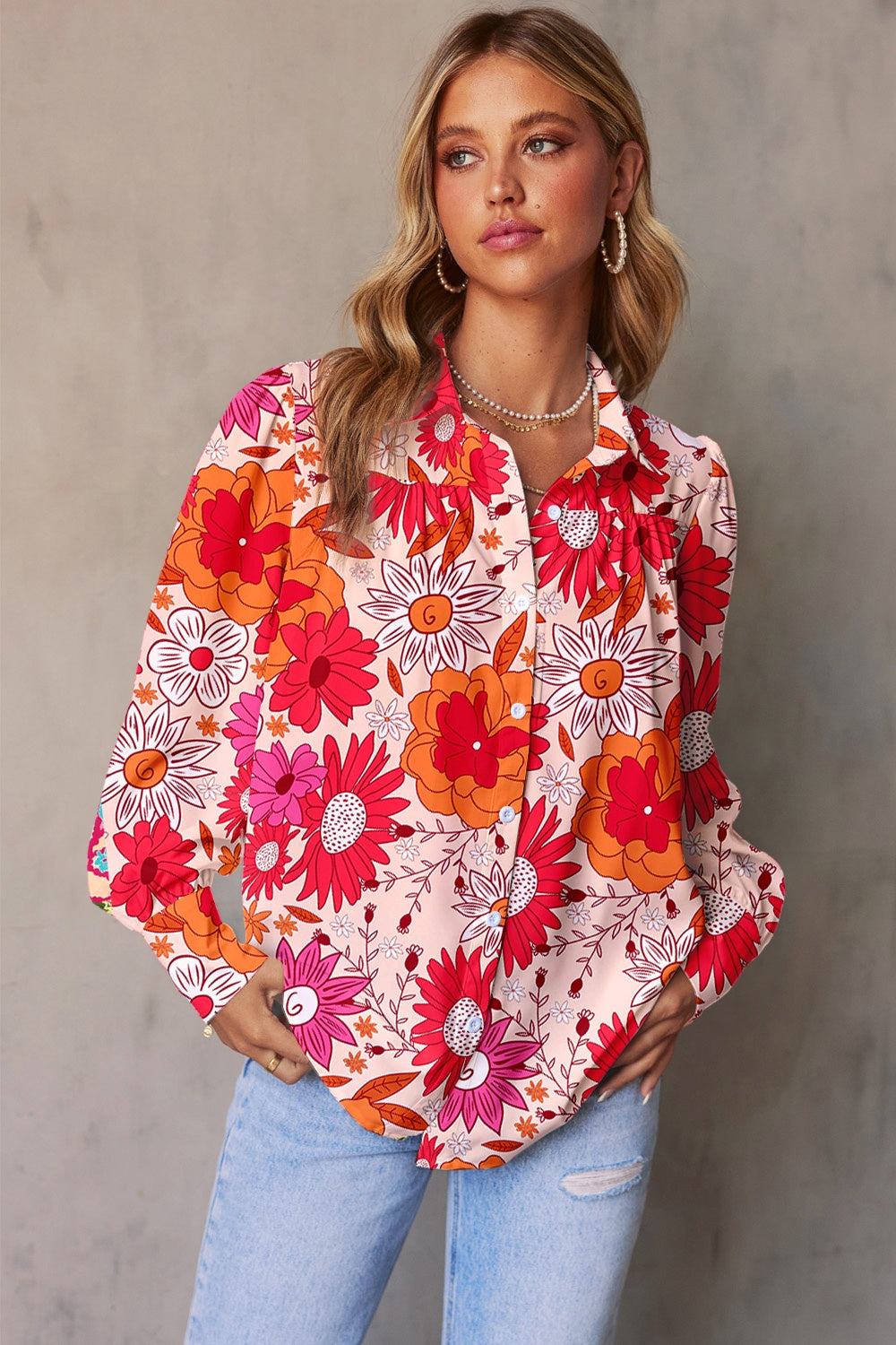 Womens Blouse-Printed Collared Neck Long Sleeve Shirt | Tops/Blouses & Shirts