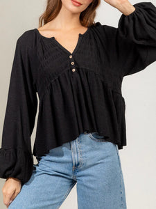 Womens Blouse-Notched Balloon Sleeve Peplum Blouse | Tops/Blouses & Shirts