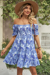 Womens Mini Dress-Smocked Printed Flounce Sleeve Mini Dress | Dress