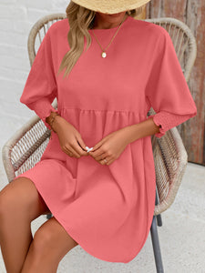 Womens Mini Dress-Round Neck Lantern Sleeve Mini Dress | Dress