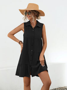 Womens Mini Dress-Button Up Sleeveless Mini Dress | Dress