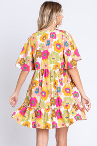 Womens Mini Dress-GeeGee Full Size Floral V-Neck Ruffle Trim Mini Dress | Dress