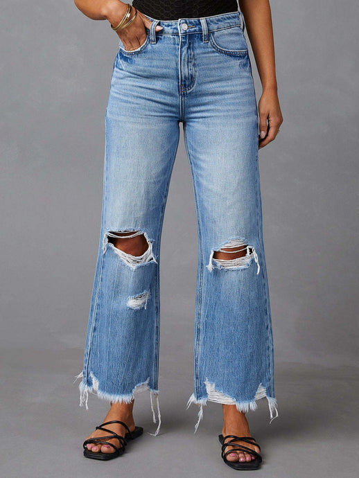 Blue Jeans-Distressed Raw Hem Blue Jeans with Pockets | Blue Jeans